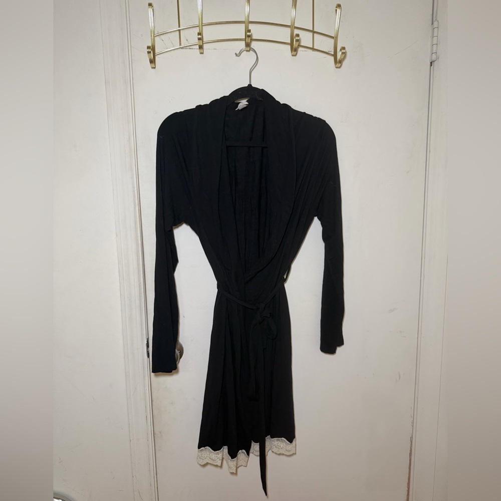 Eberjay Black Cotton Bathrobe with Lace Trim